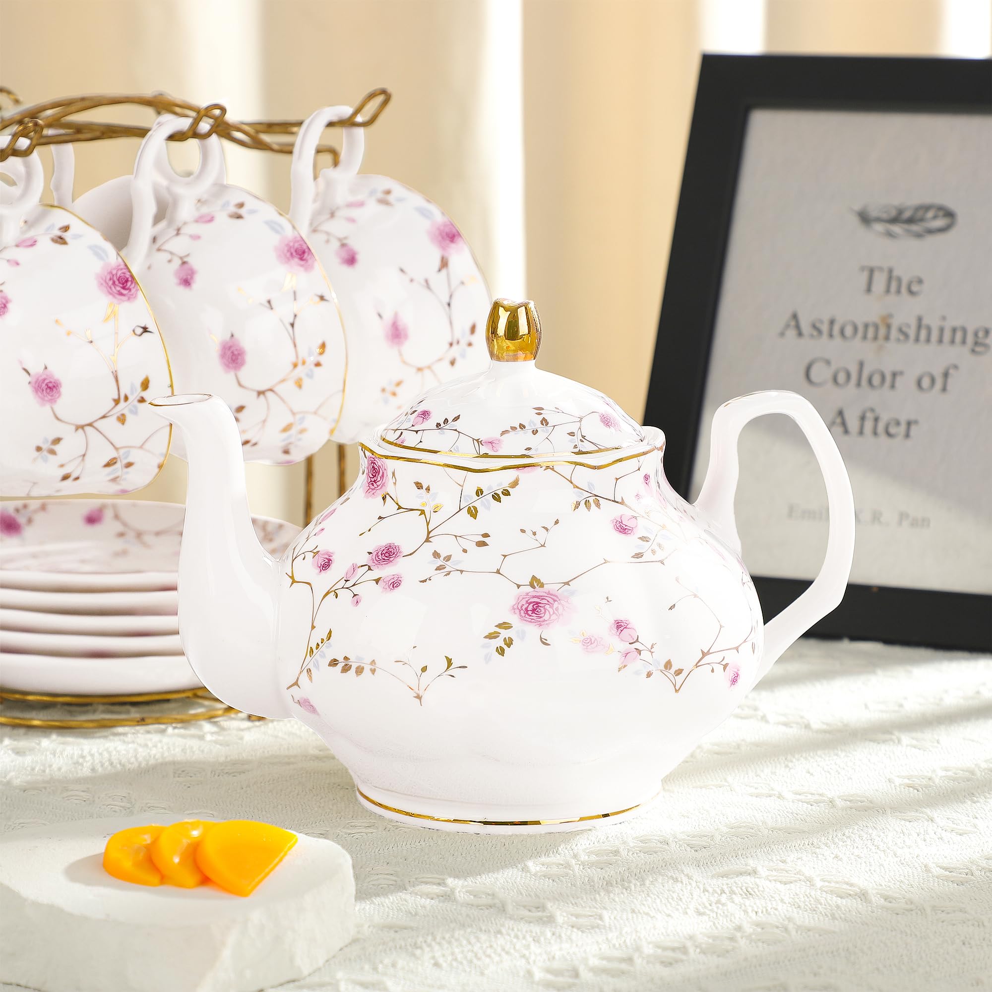 fanquare Pink Floral and Vine Afternoon Tea Set, 21 Pieces British